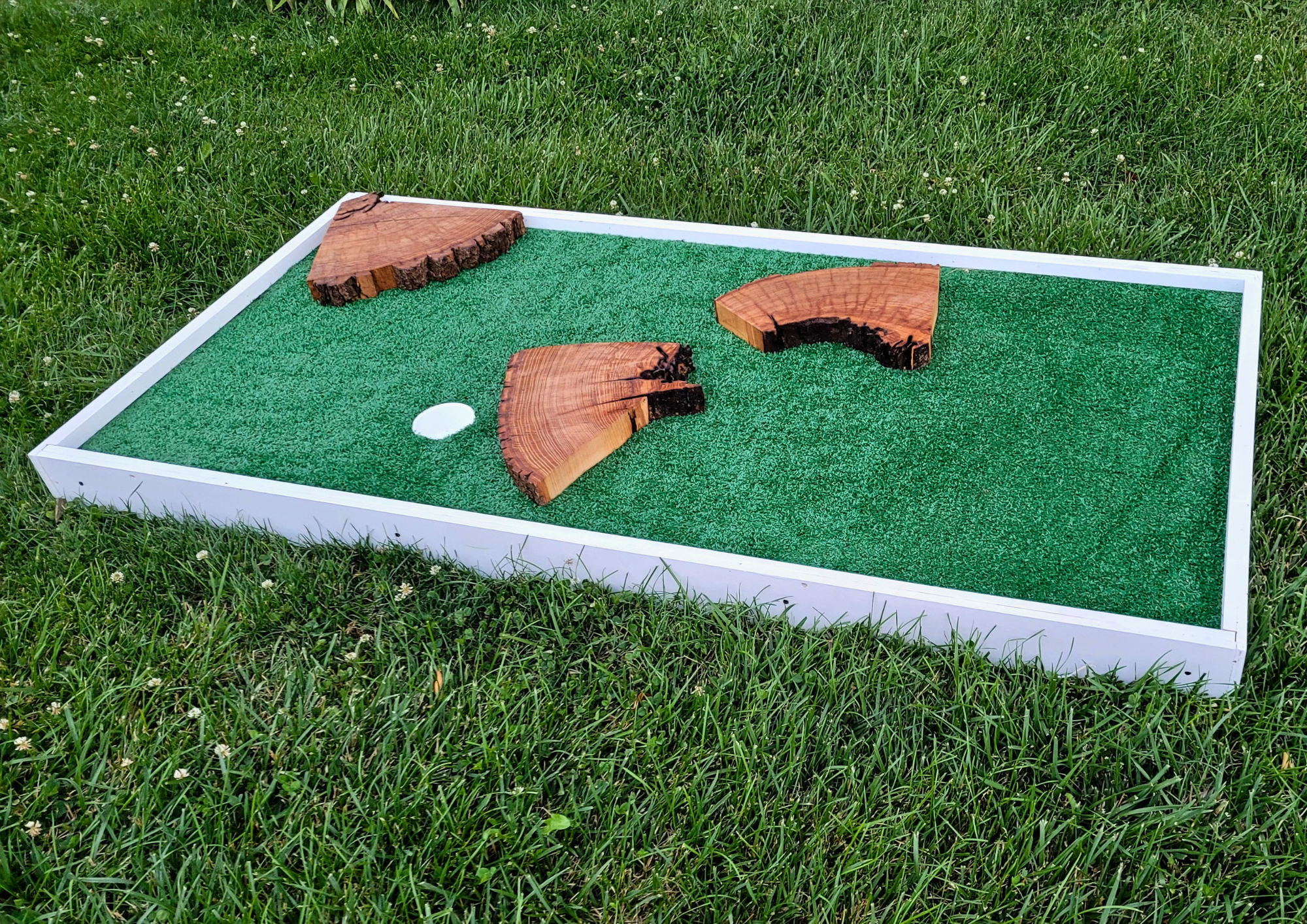 Miniature golf board with wooden holes on a grassy background